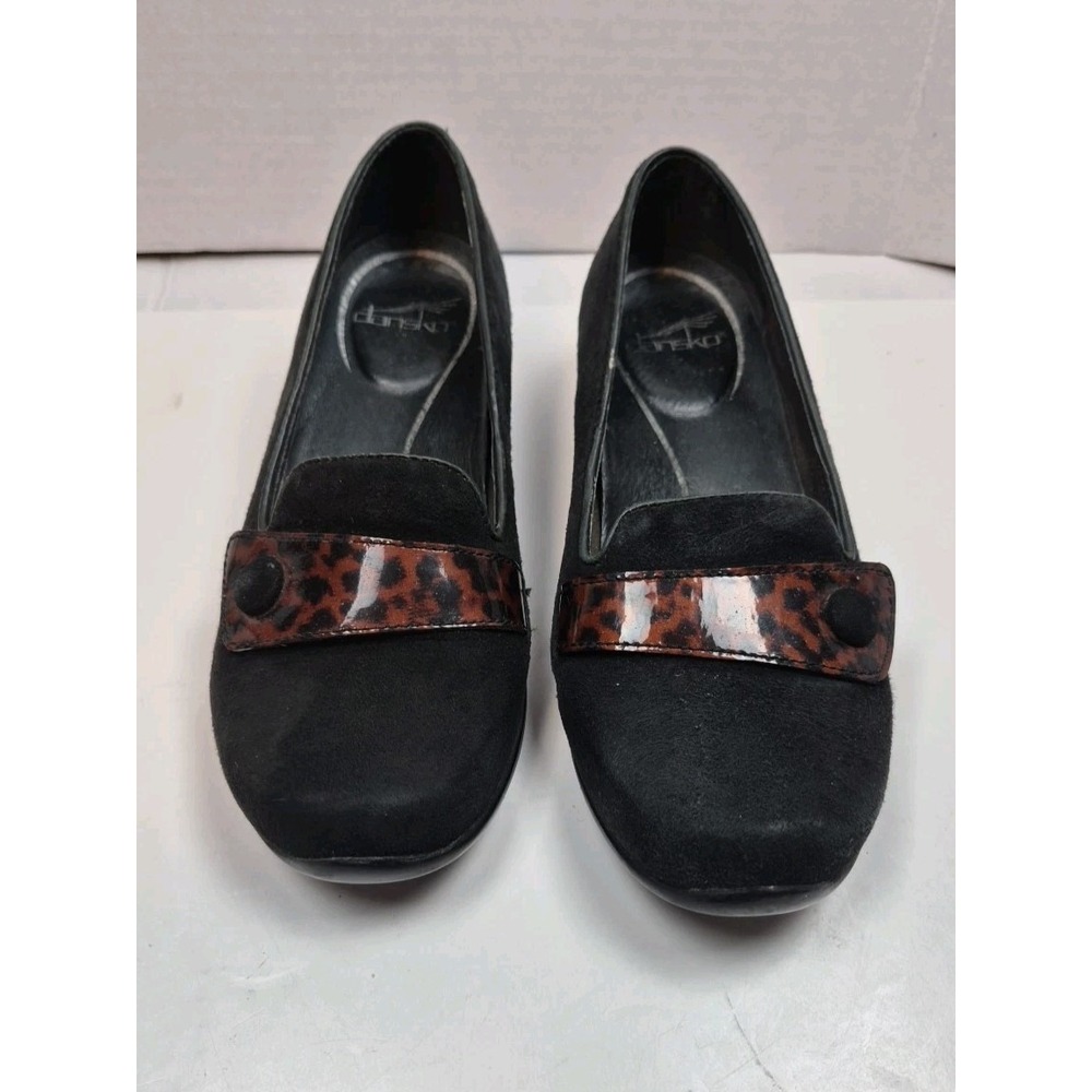 Dansko Olena Women's Slip-On Loafers Black Leather EU 37 US 6.5-7 Cheetah Buckle